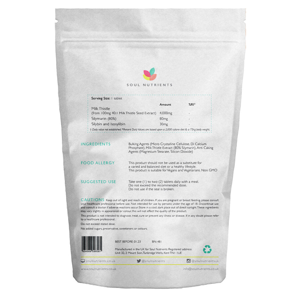 Milk Thistle Tablets 4000mg 120 Tablets- 80% Silymarin - Detox - Liver Support- Vegan Friendly