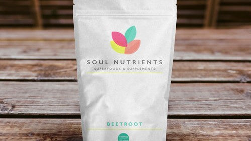 Beetroot tablets 1600mg by Soul Nutrients,  packet on a wooden background.