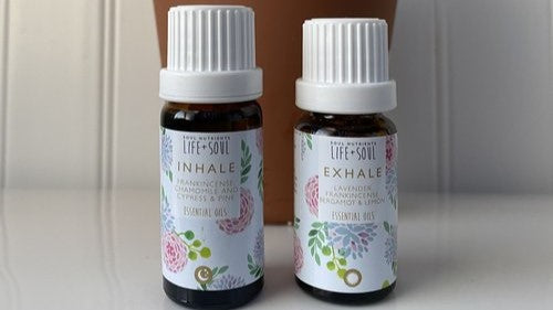 2 bottles of essential oil blends, Inhale and Exhale by Soul Nutrients