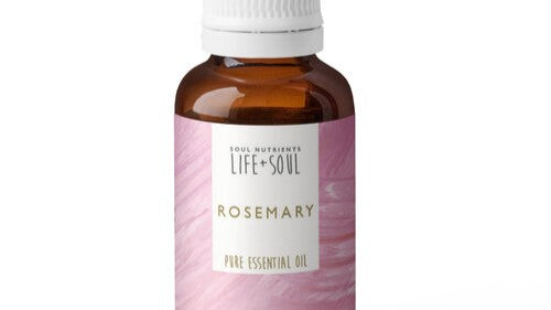 Bottle of Rosemary essential oil with pink label, by Soul Nutrients