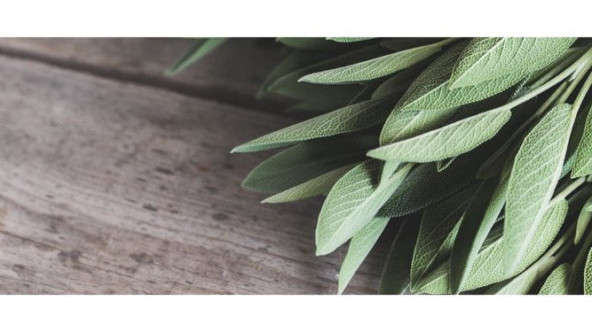 bunch of fresh sage leaves on a wooden chopping board