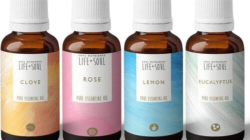 Bottles of CLove, ROse, Lemon and Eucalyptus essential oils for smell training