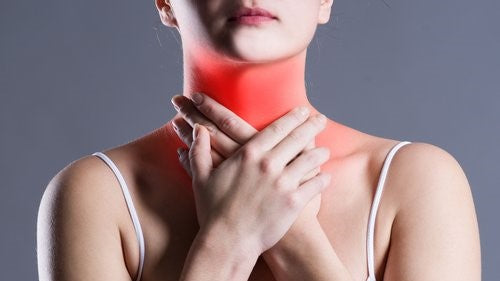 women clutching her sore throat